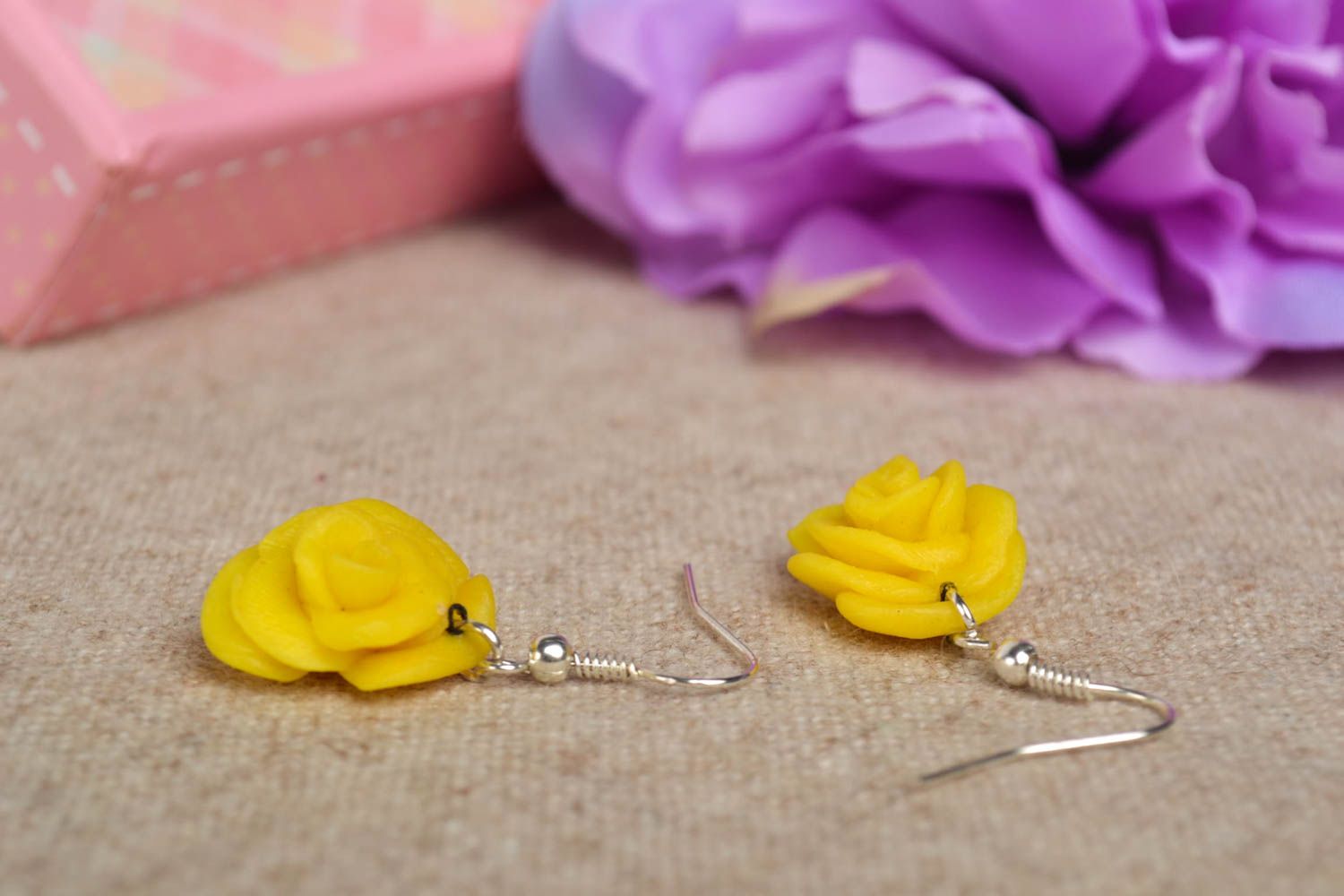 Handmade yellow earrings stylish flower earrings cute jewelry made of clay photo 1