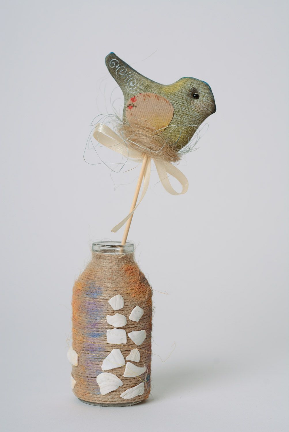 Handmade small soft toy on wooden stick flowerpot decoration sewn of linen Bird photo 3