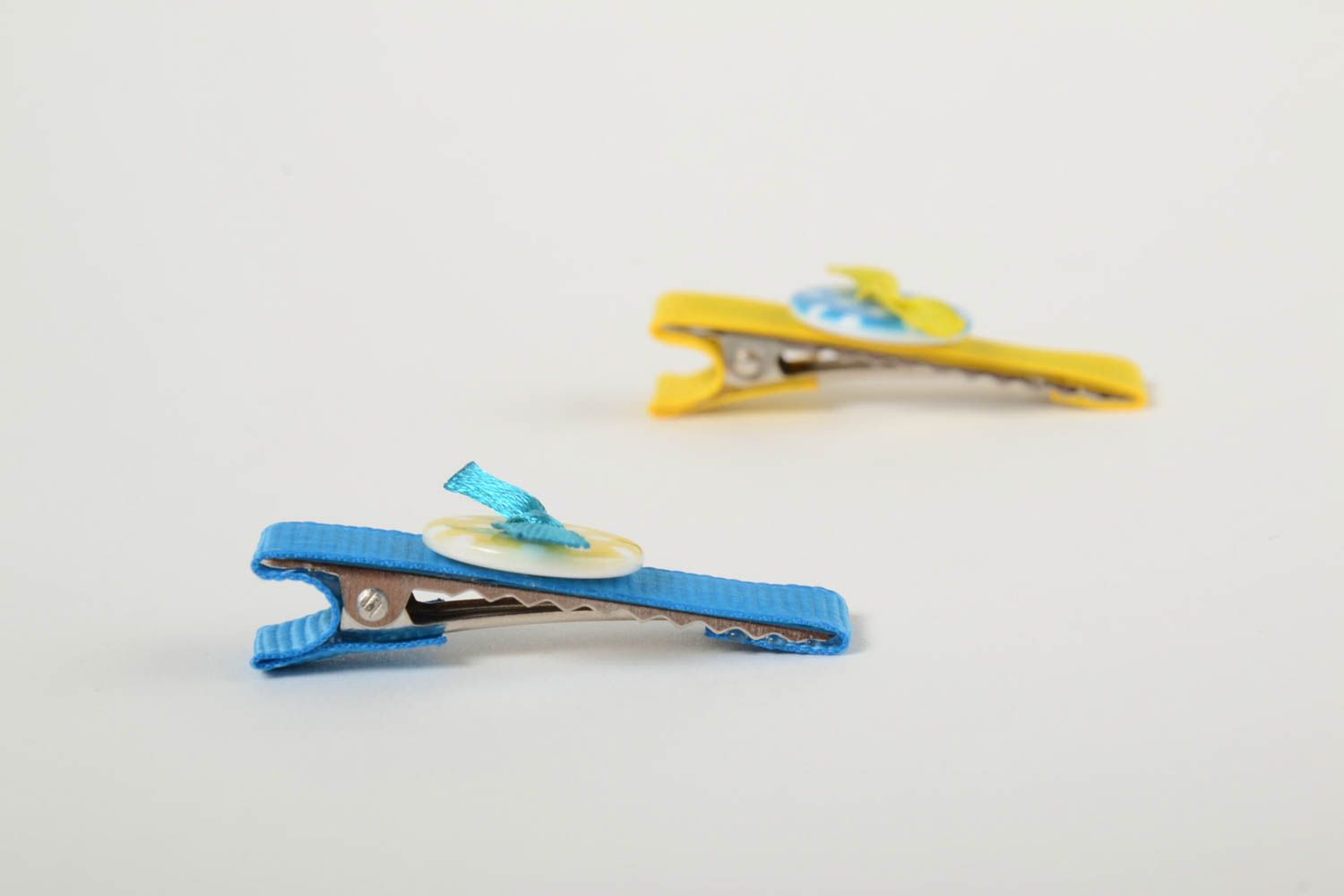 Hairpins for baby yellow with blue set of 2 pieces handmade barrettes for girl photo 4