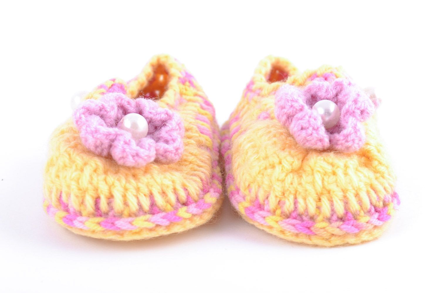 Tender warm handmade baby shoes crocheted of wool and cotton threads for girl photo 4