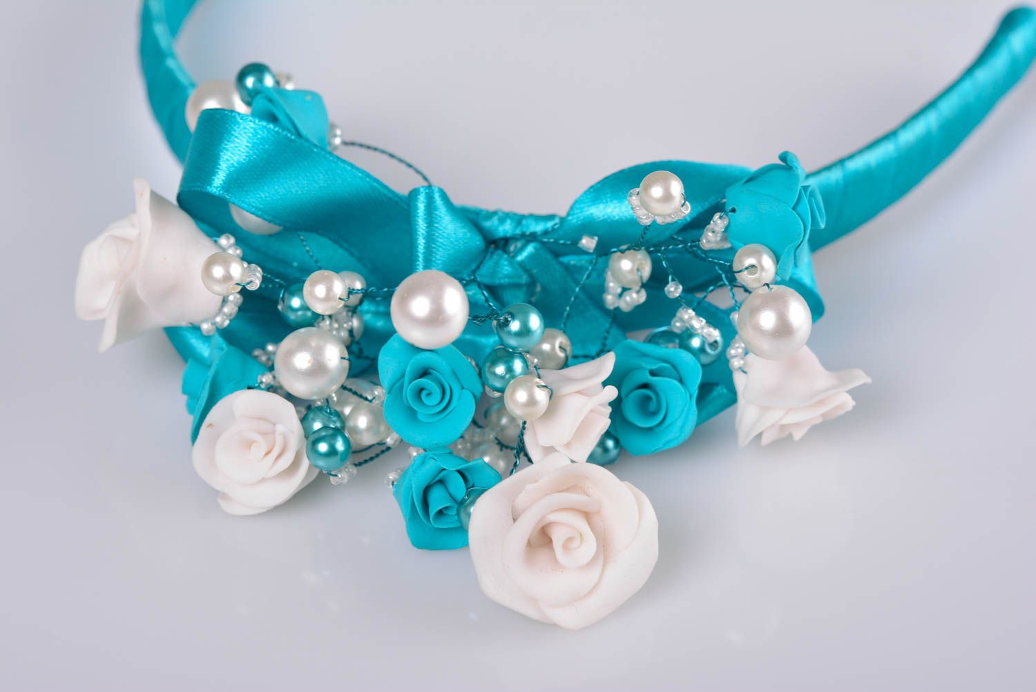Beautiful blue handmade designer polymer clay flower headband with beads photo 3