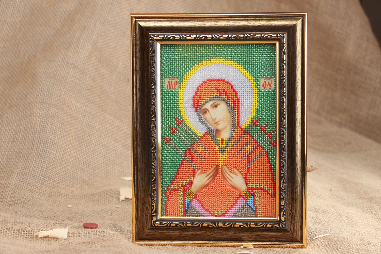 Handmade home icon of the Mother of God embroidered with Czech beads for present photo 5