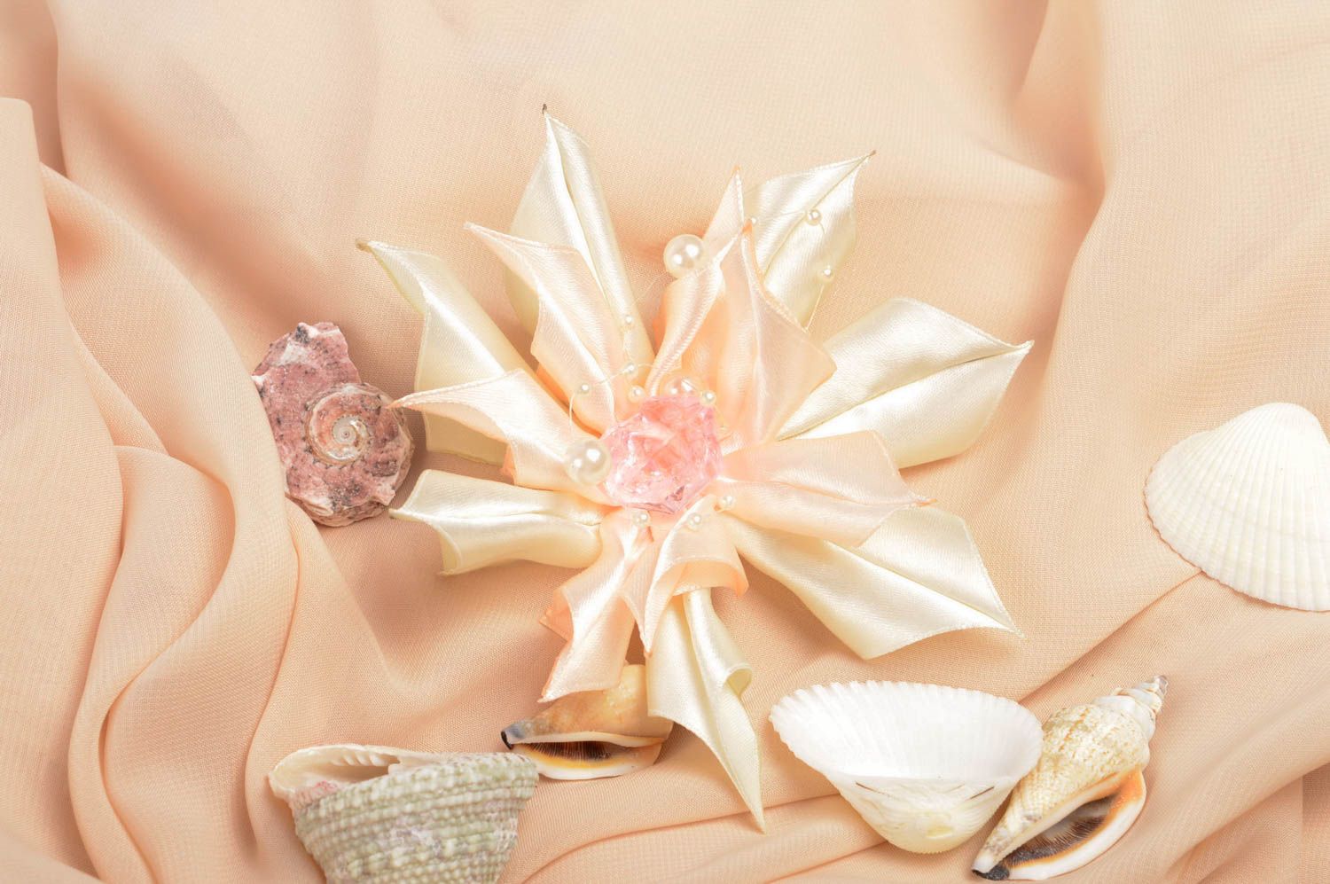 beige handmade bijouterie hairclip with flower hair accessory best gift for girl photo 1