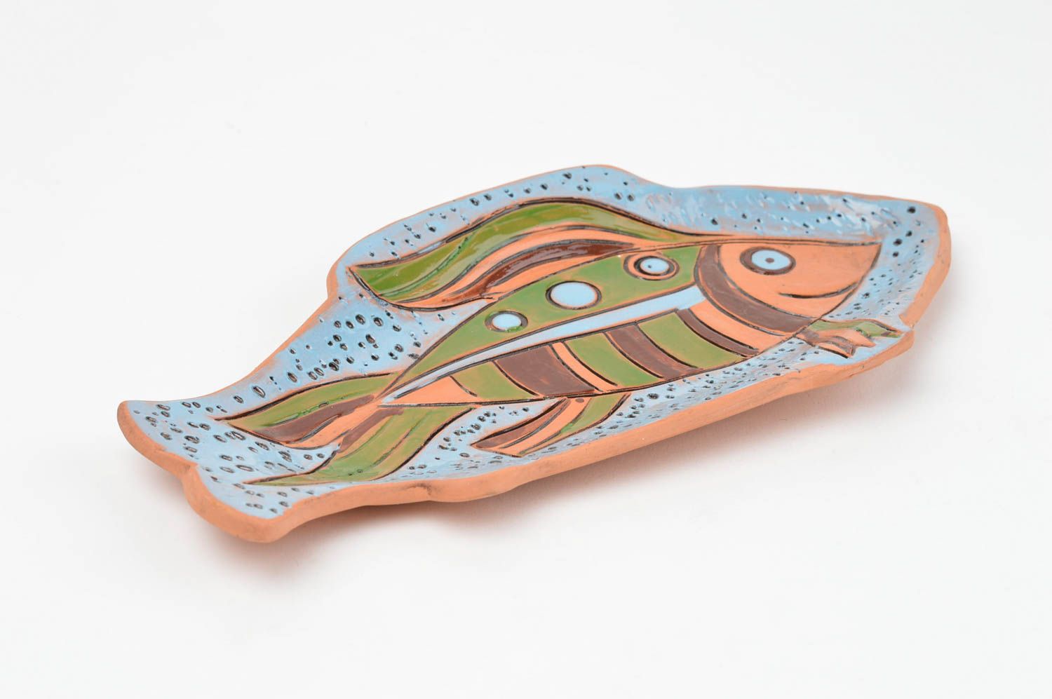 Interessanter dekorativer Teller aus Ton Fisch mit Bemalung Künstler Handarbeit foto 3