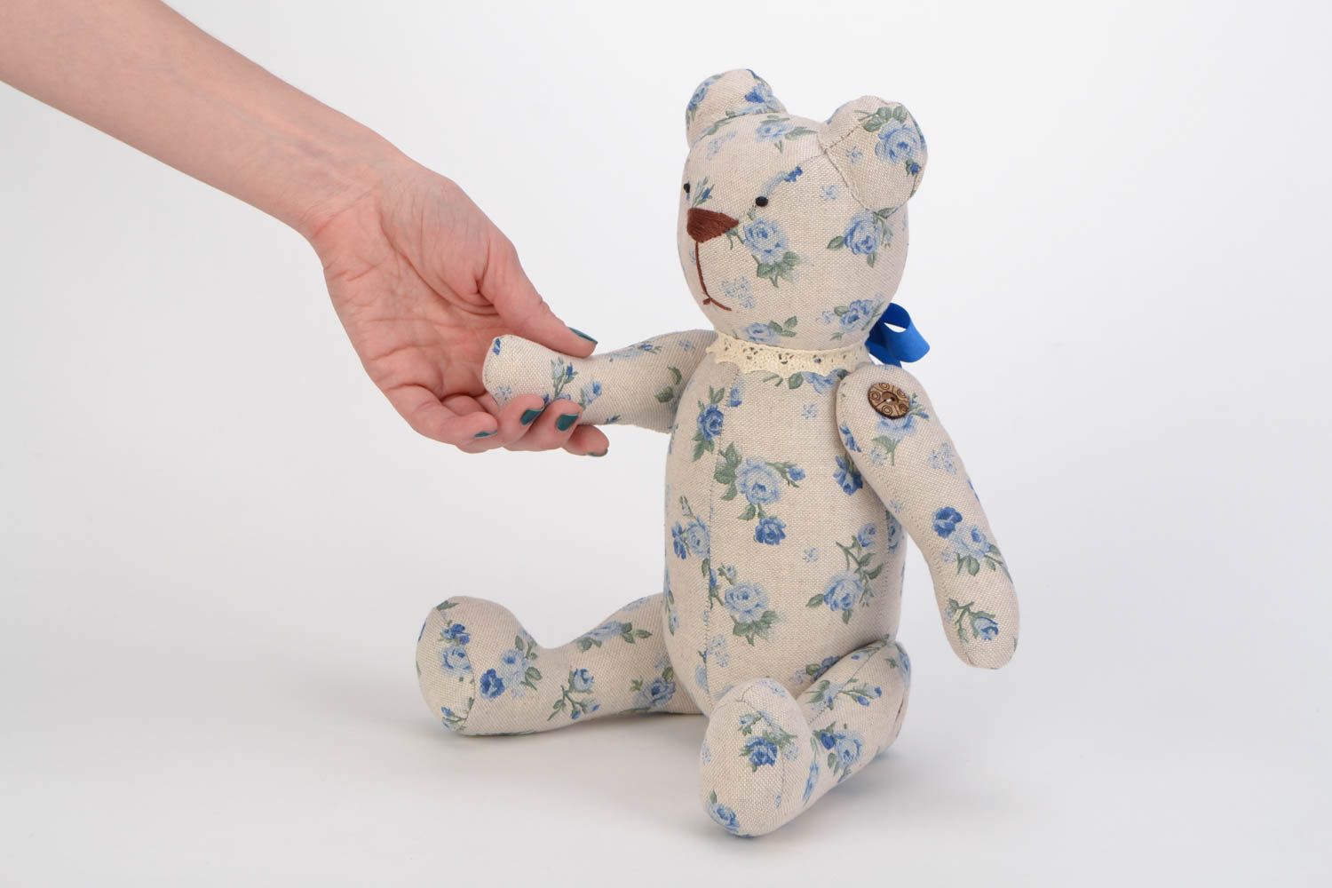 Handmade fabric soft toy bear with flower pattern for home decor photo 2