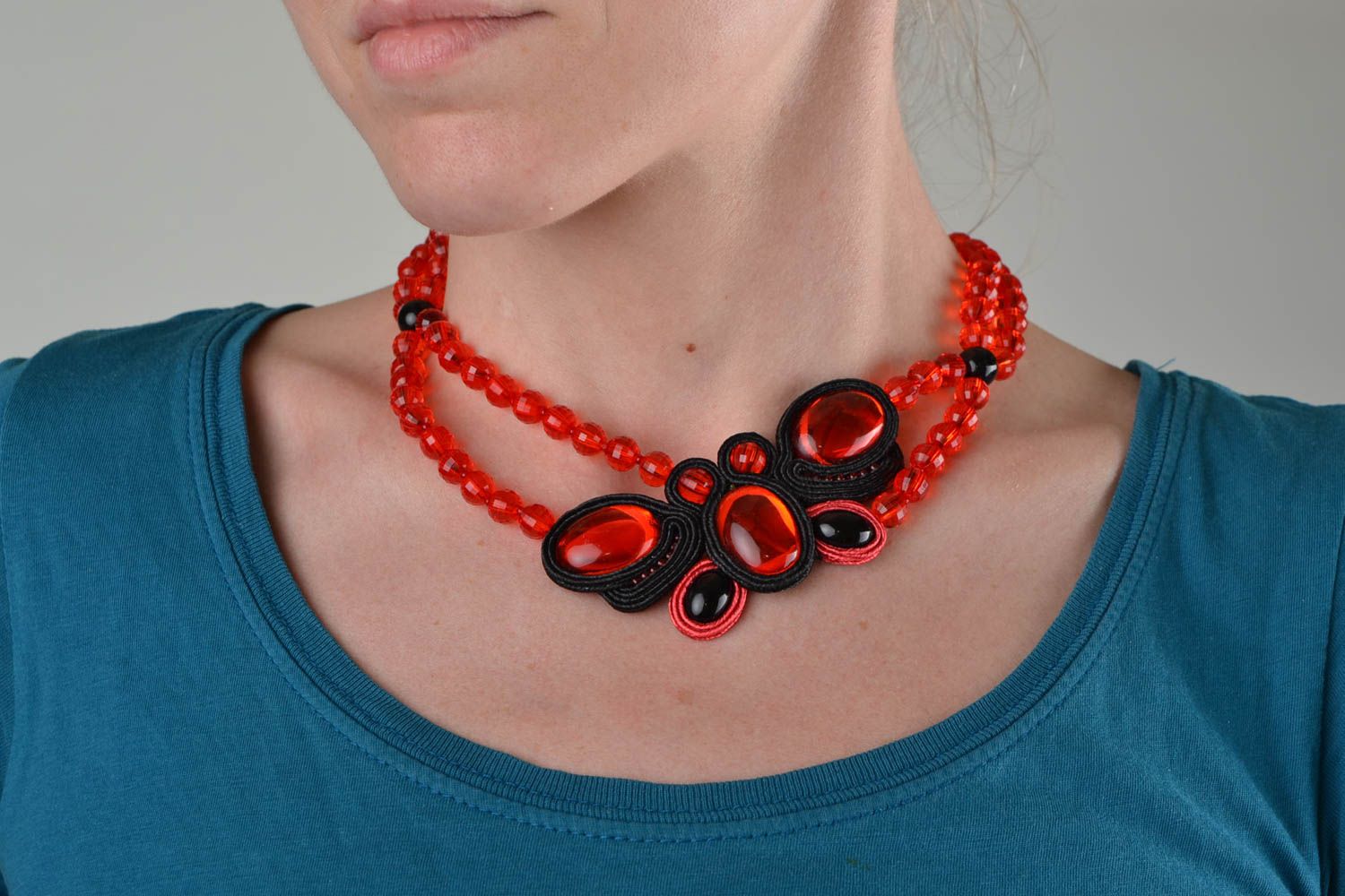 Handmade designer soutache necklace with plastic beads photo 1