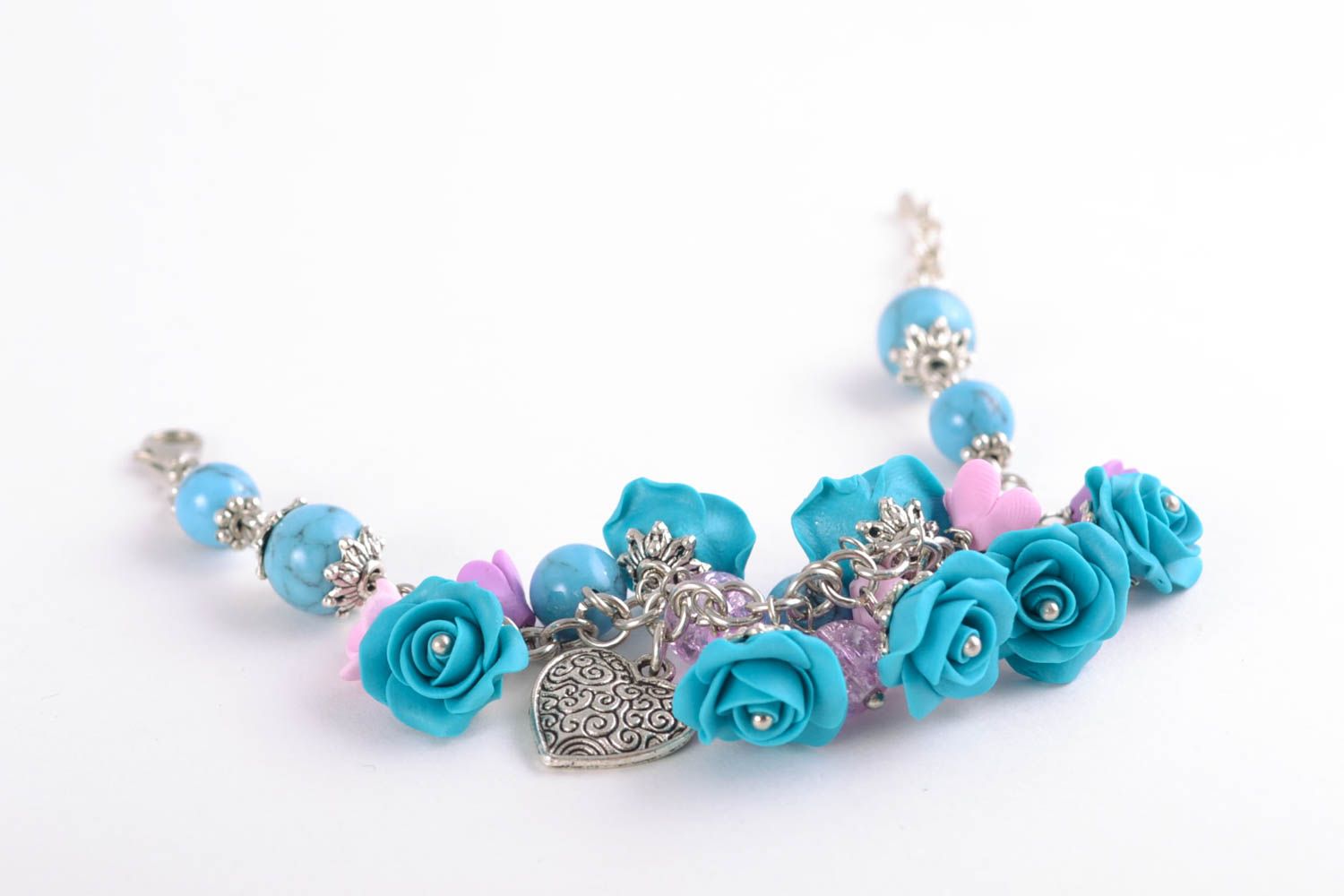 Bracelet fait main de pâte polymère avec fleurs bleues bijou pour femme photo 5