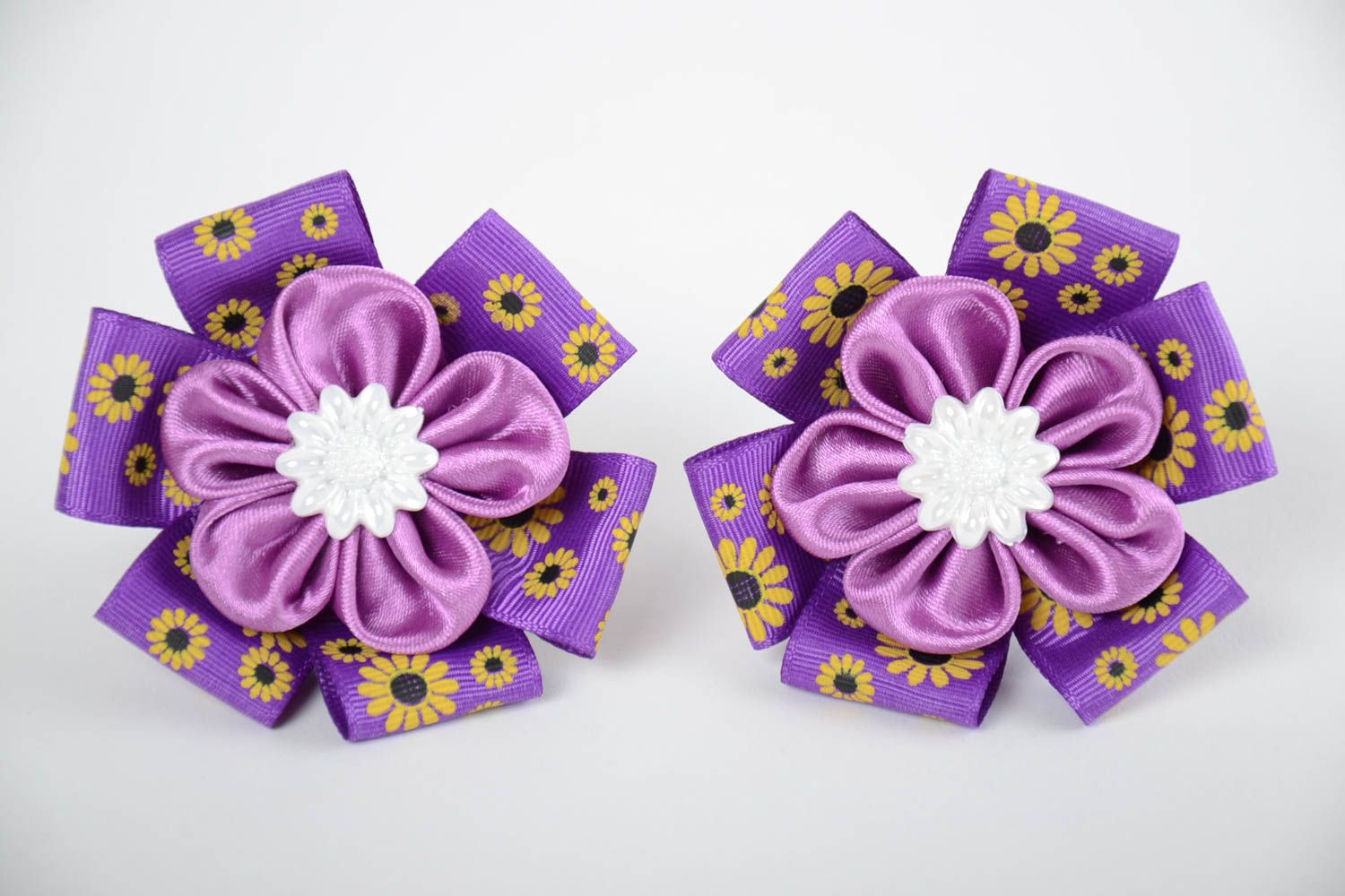 Élastiques à cheveux 2 pièces violets faits main fleurs technique kanzashi photo 4