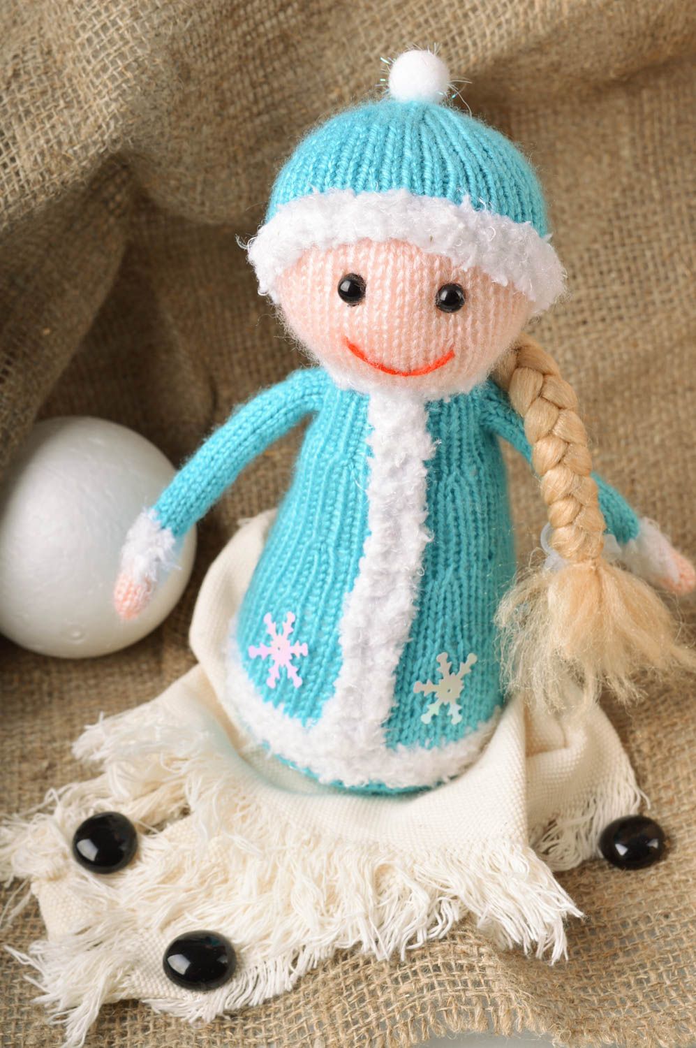 Handmade designer small beautiful knitted soft toy snow maiden for children photo 1