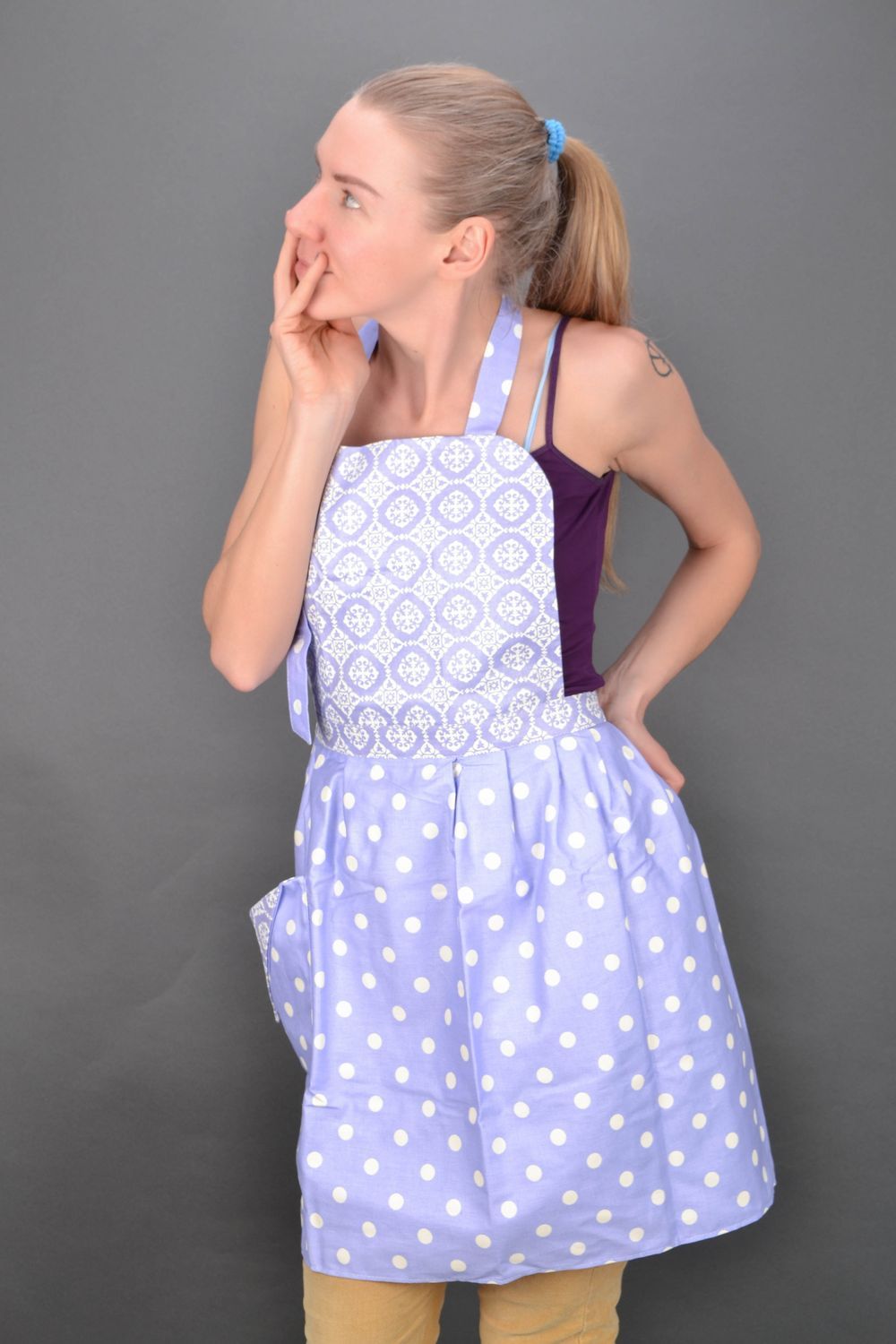 Blue polka dot fabric kitchen apron photo 1