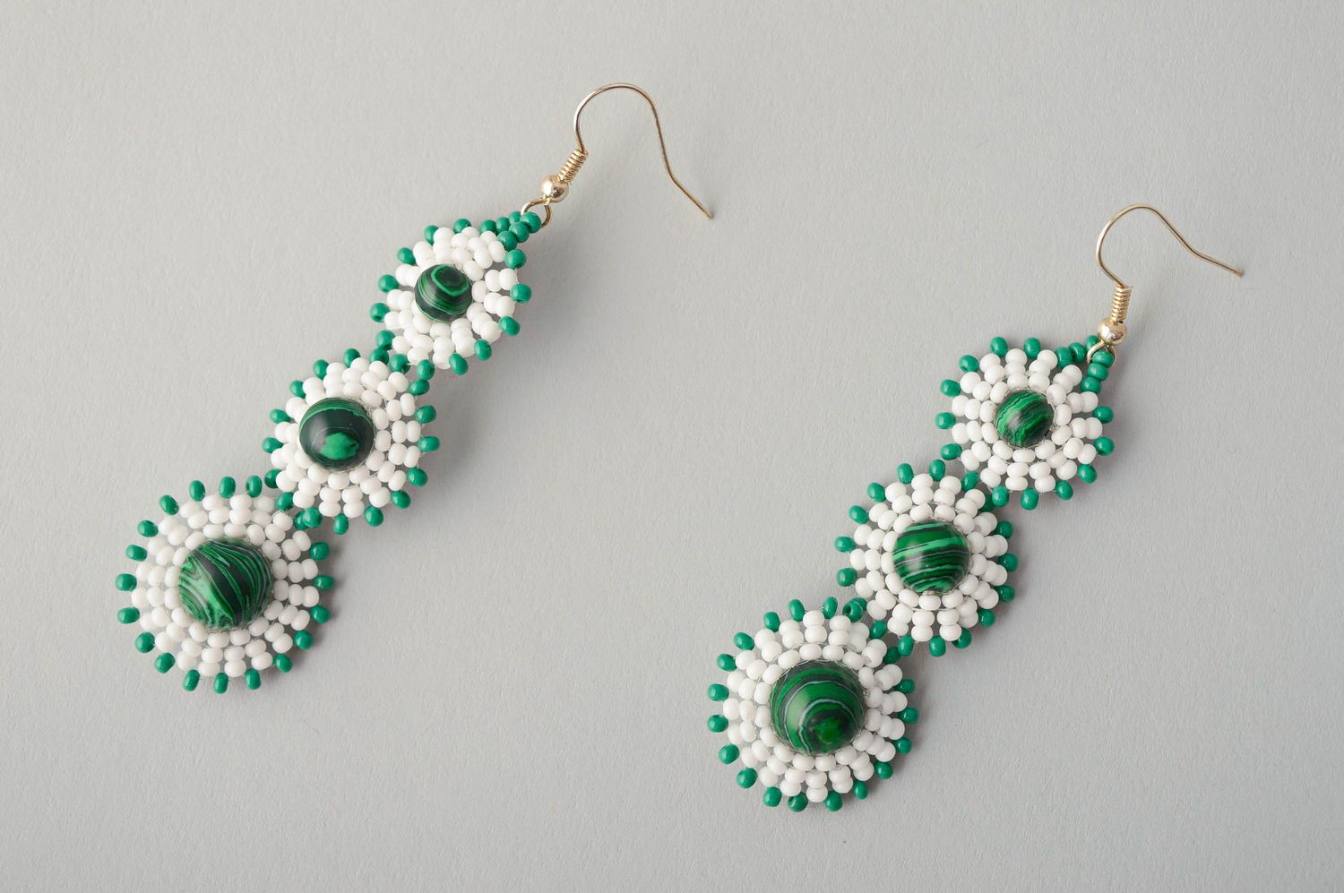 Long green beaded earrings with malachite photo 1