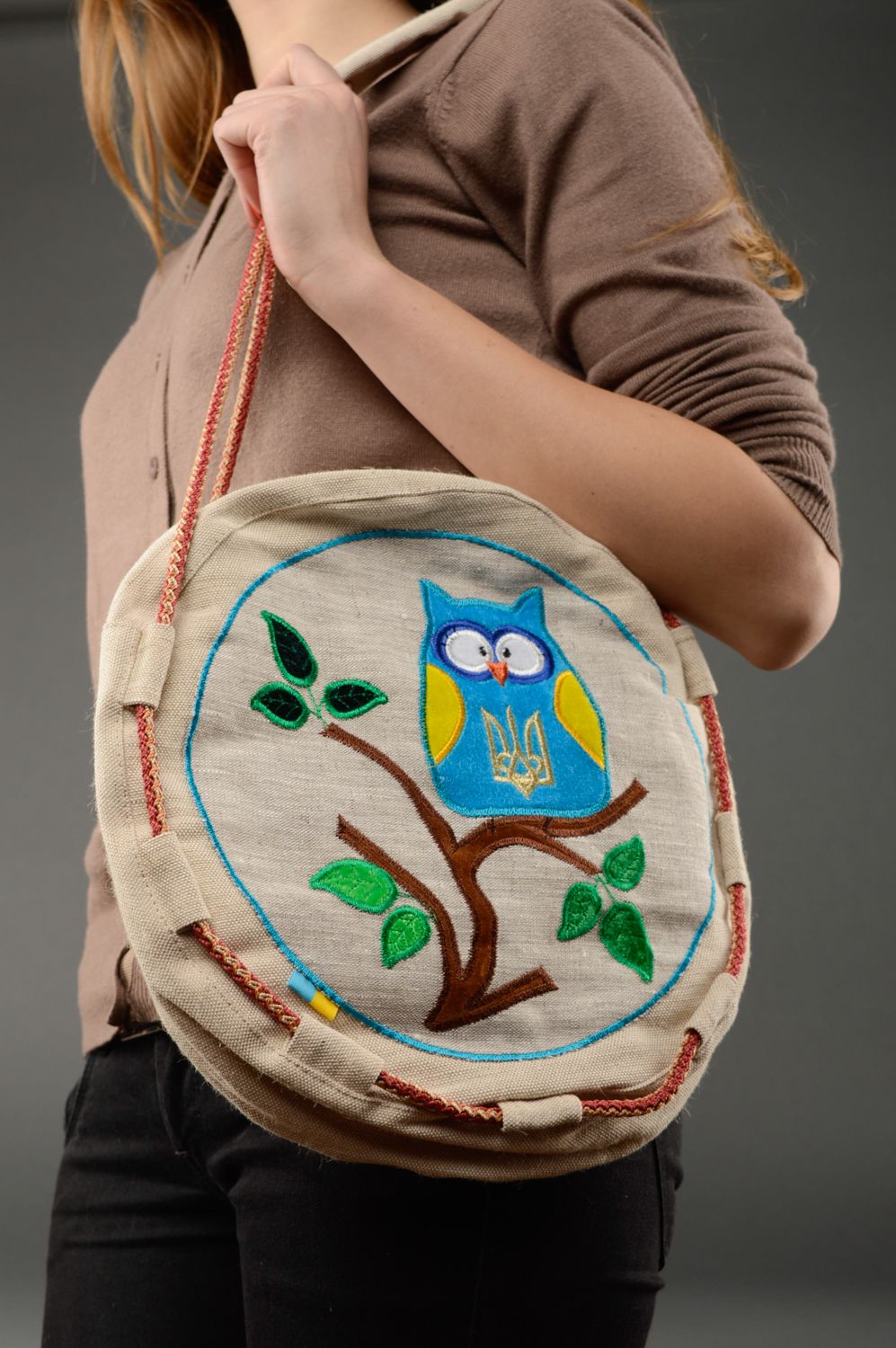 Handmade textile round bag with embroidery Ukrainian Owl photo 2