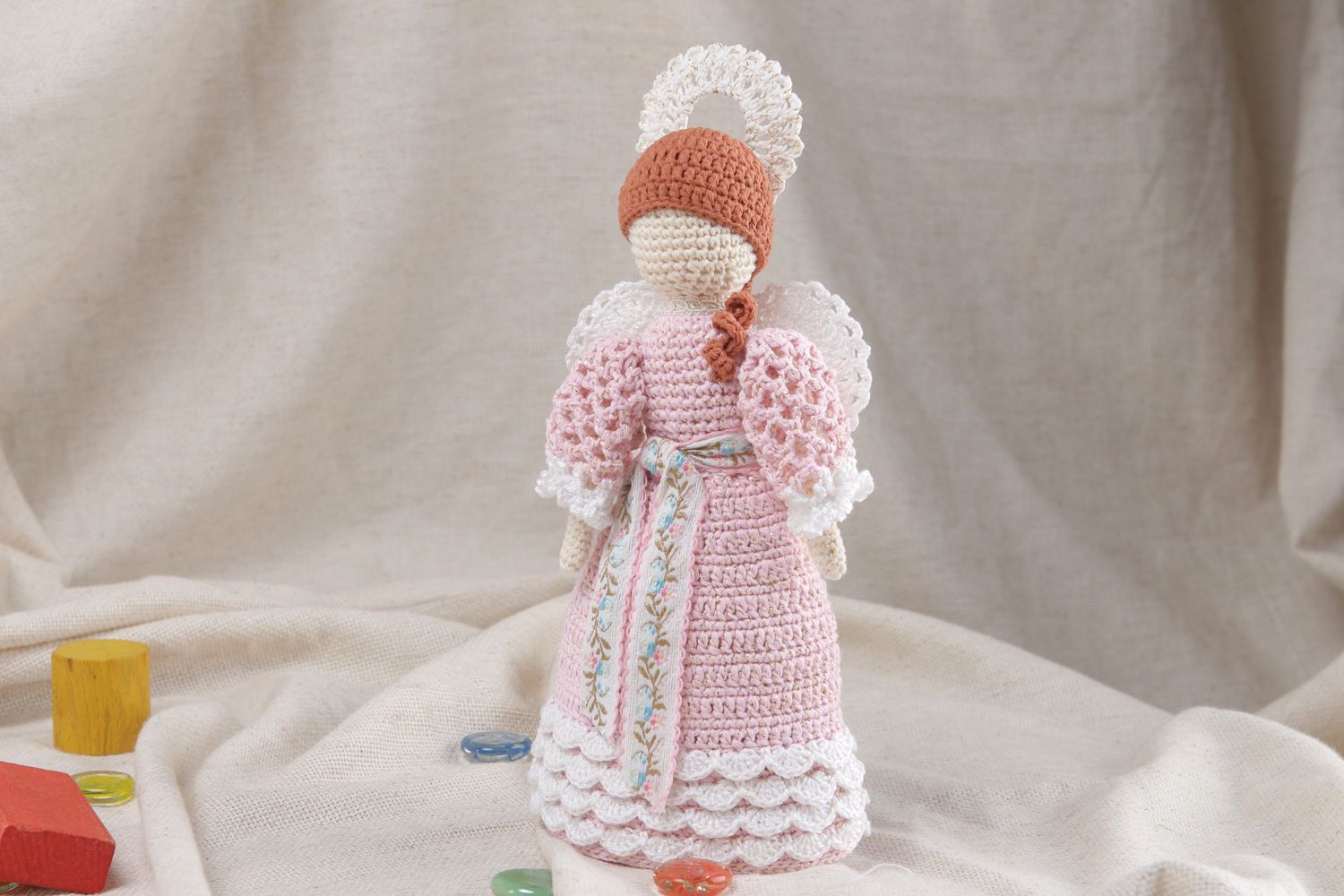 Handmade soft toy angel crocheted of cotton threads for kids and interior decor photo 5