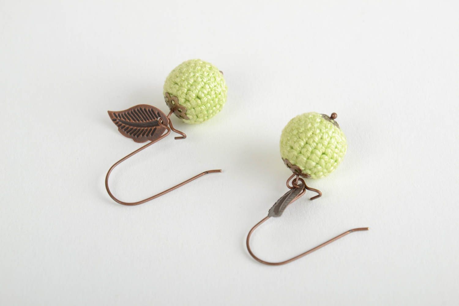Beautiful nice cute unusual handmade yellow round crochet pendant bead earrings photo 3