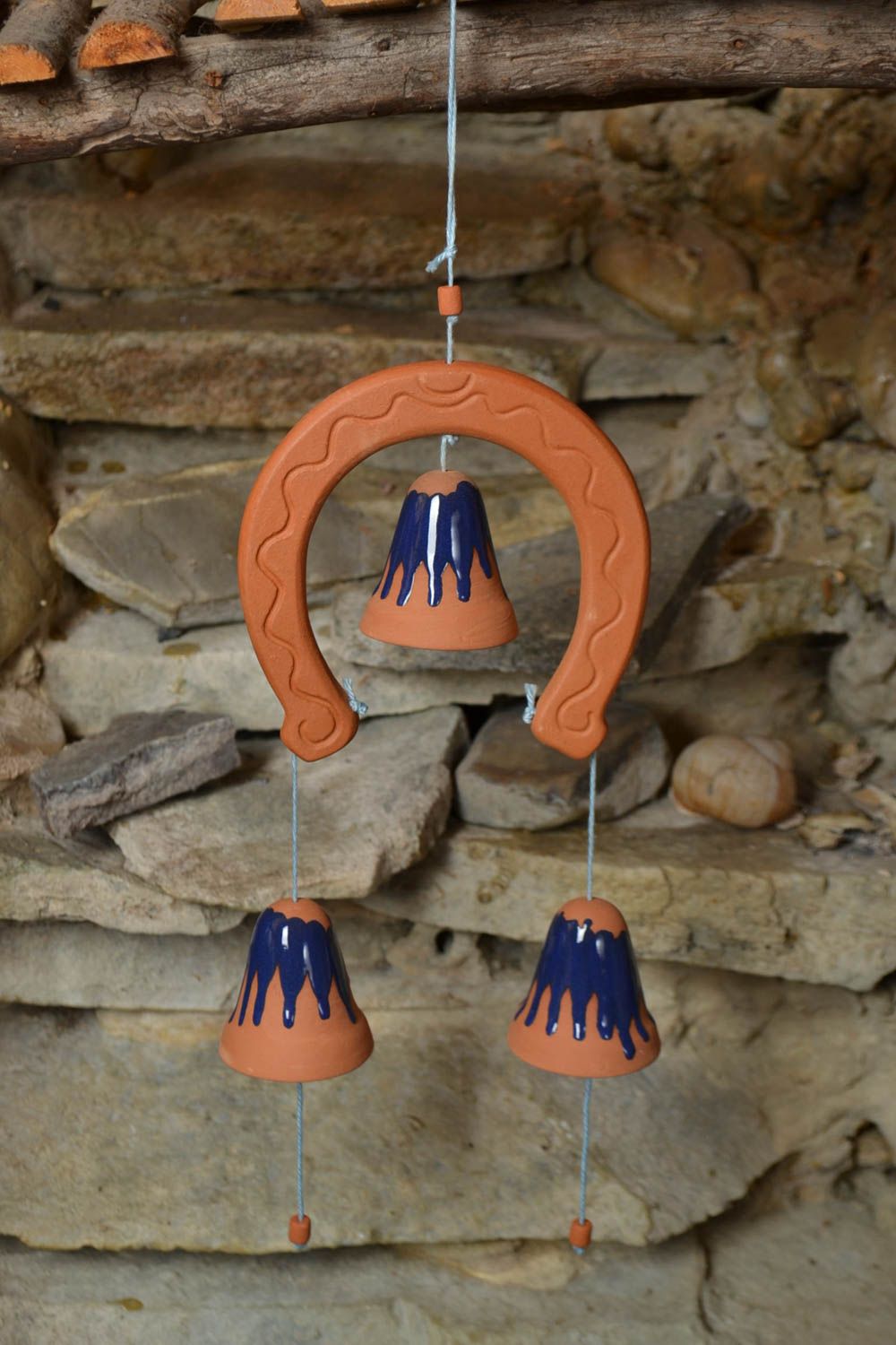 Designer ceramic bells on cord handmade painted with engobes interior pendant photo 1