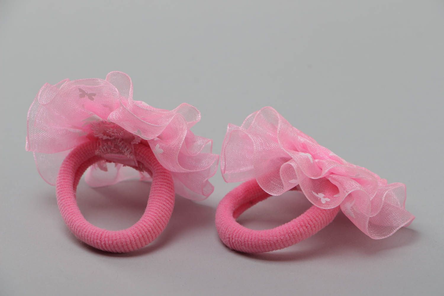 Set of handmade scrunchies with satin ribbons and organza flowers 2 pieces pink  photo 4
