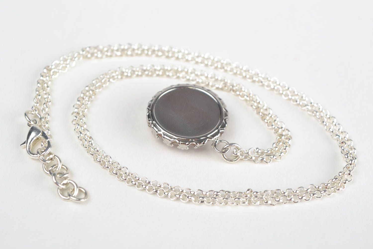 Handmade designer round white glass pendant with Gemini sign on metal chain  photo 5
