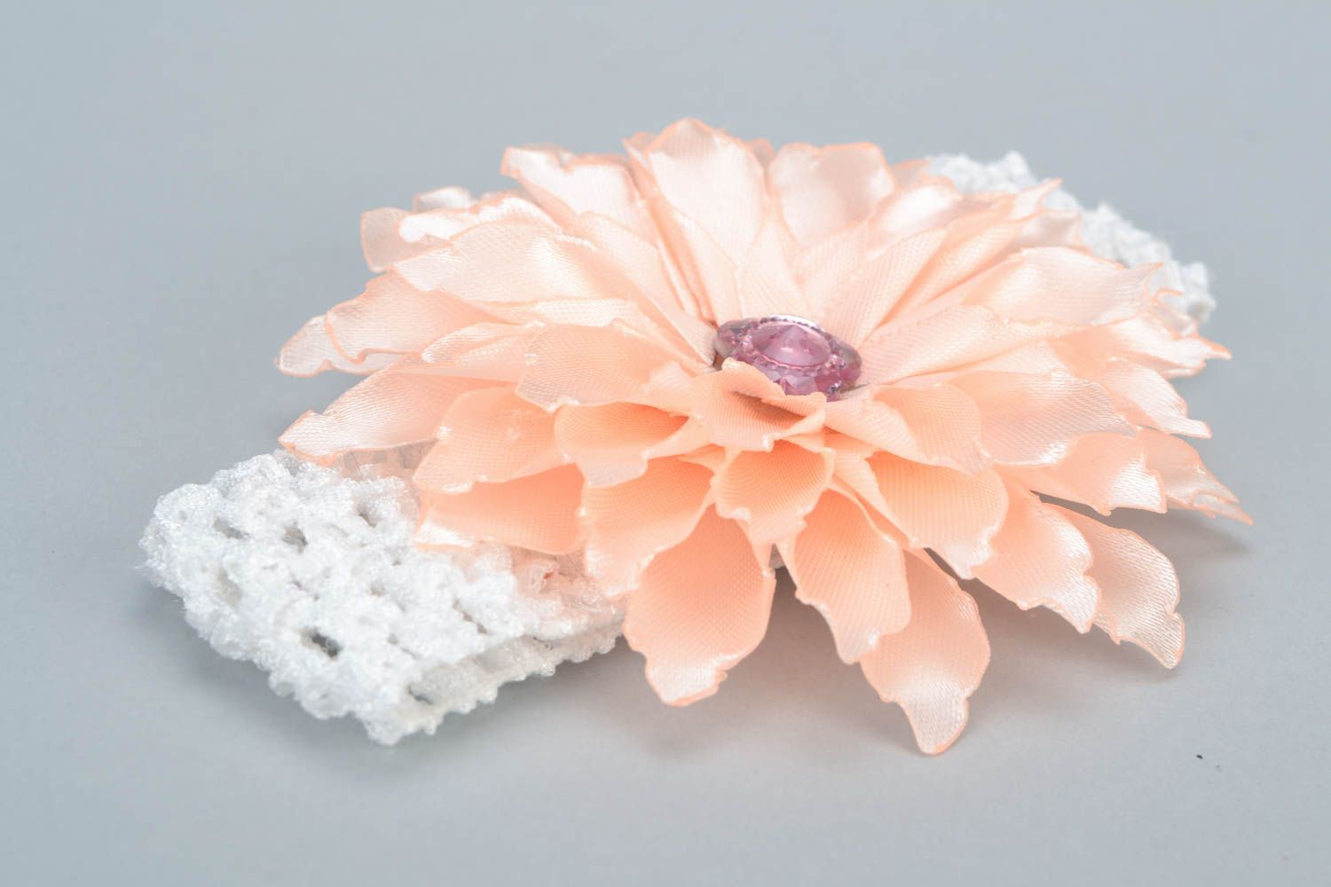 Gentle handmade kanzashi flower headband with lace elastic basis photo 4