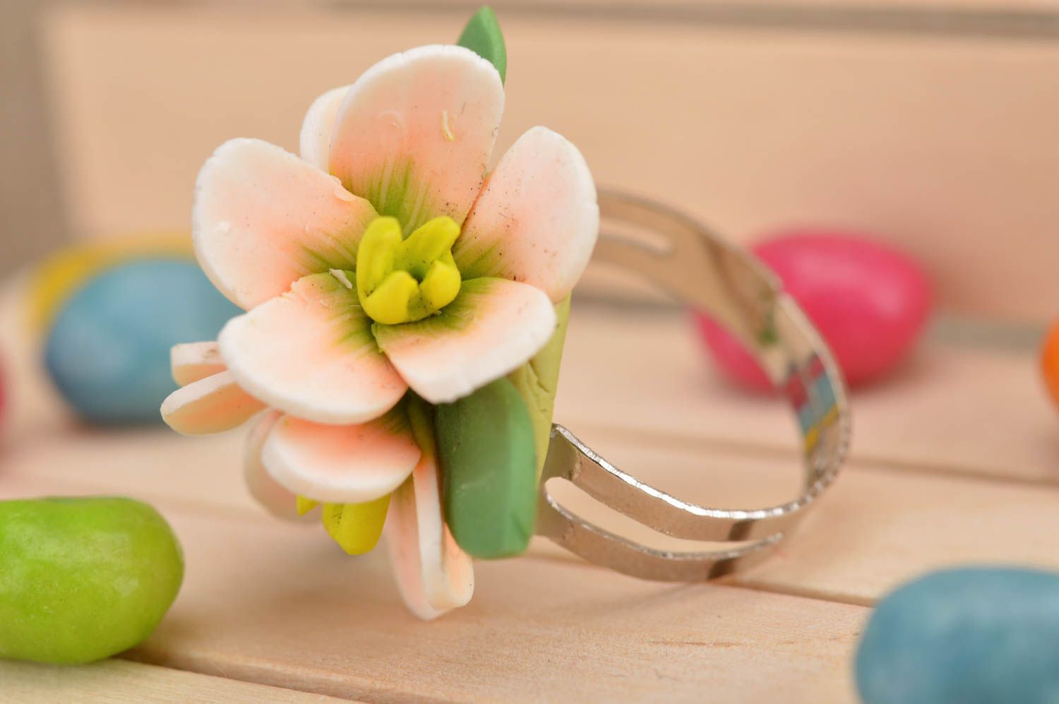 Handmade designer ring made of polymer clay in shape of volume sacura flowers photo 1