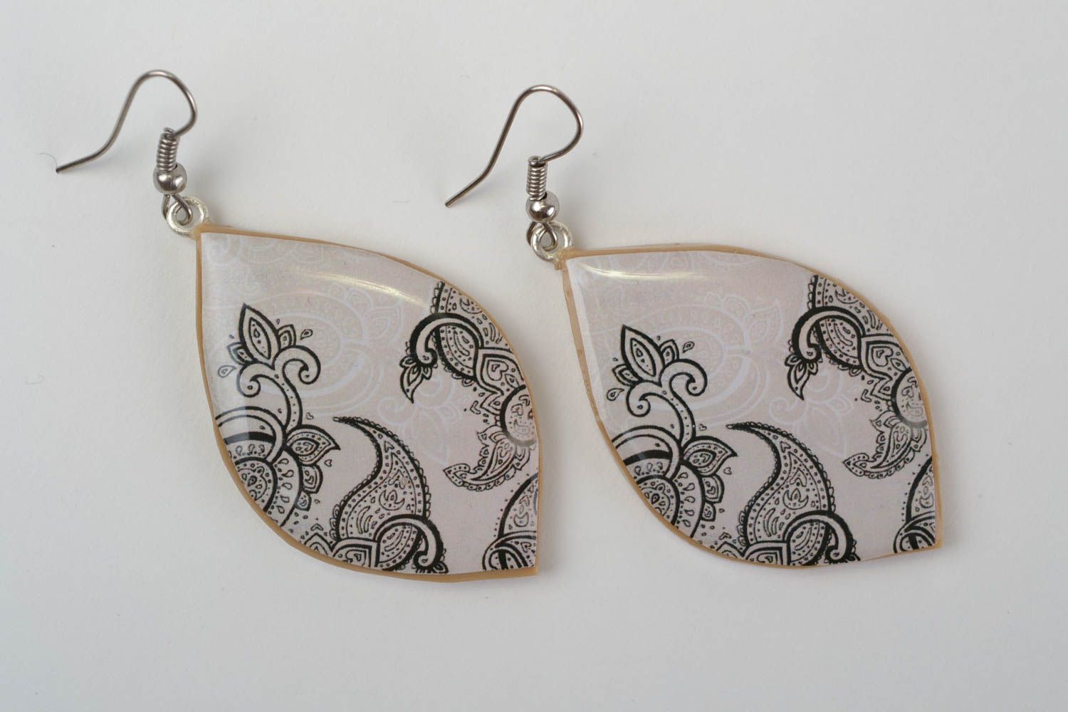Unusual handmade designer polymer clay earrings with decoupage black and white photo 3