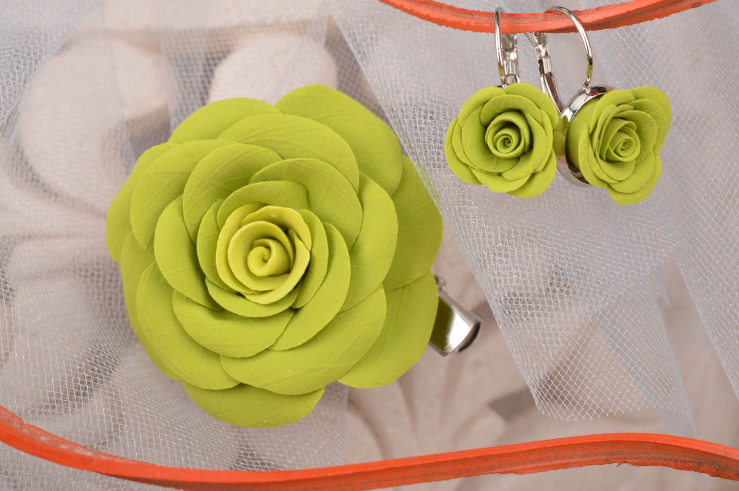 Handmade designer jewelry set polymer clay flower brooch and earrings Lime photo 1