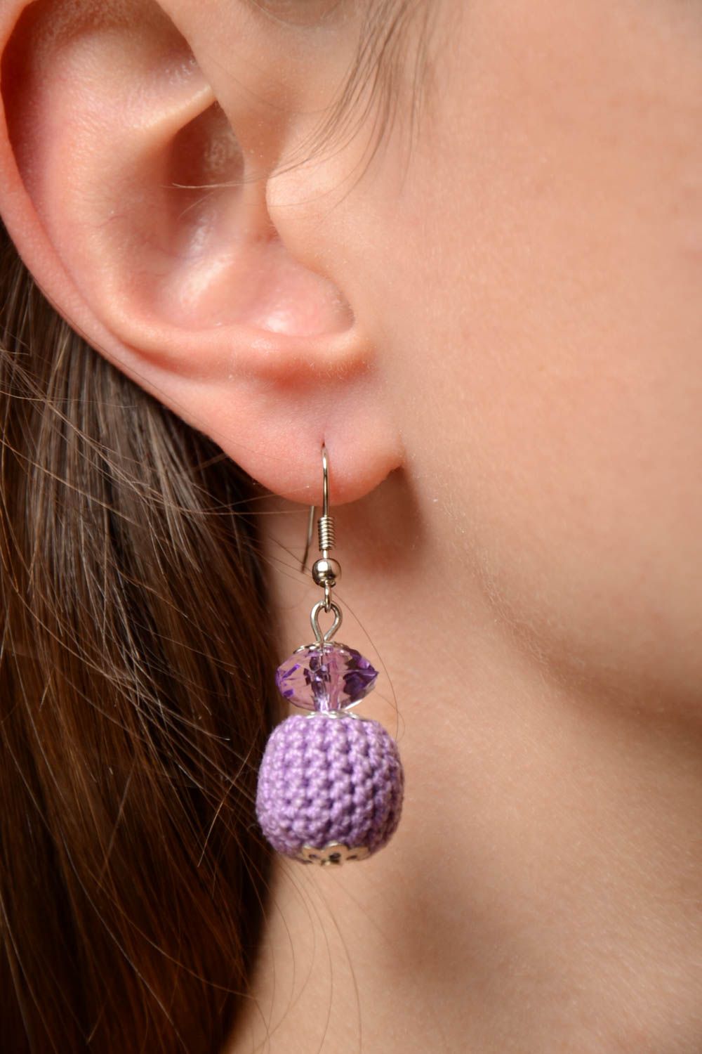 Handmade wooden bead earrings crocheted over with violet cotton threads photo 2