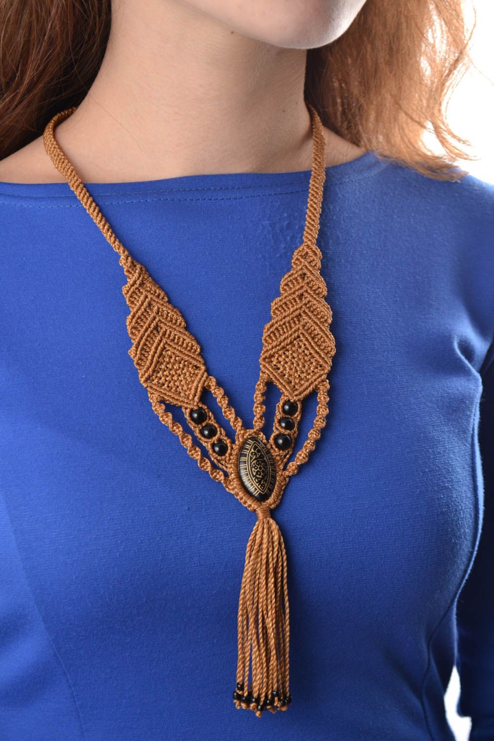 Beautiful brown macrame necklace with beads and tassel handmade accessory photo 1