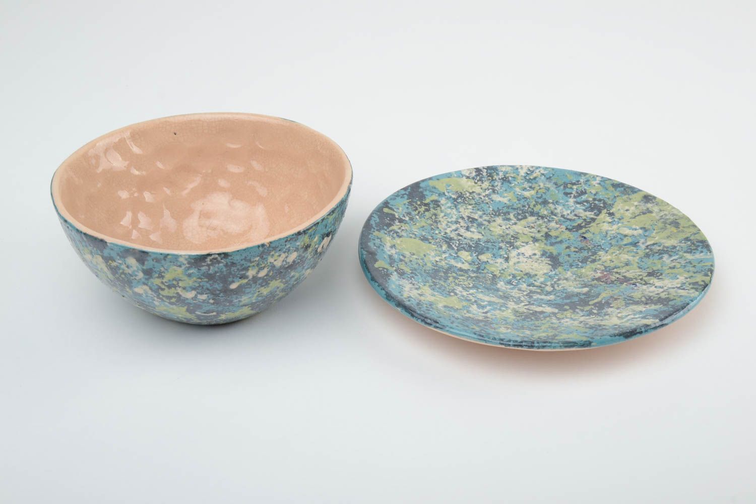 Keramik Schüssel mit Untertasse Set bemalt 500 ml schön handgefertigt 2 Stück foto 4