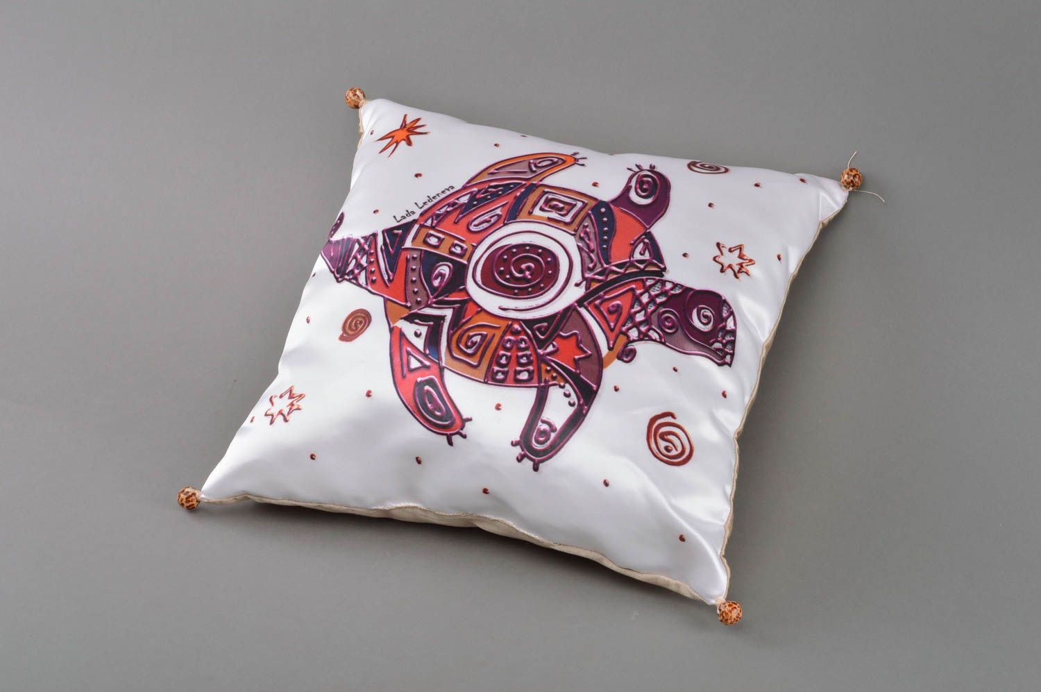 Homemade designer square decorative satin fabric throw pillow with turtle  photo 1