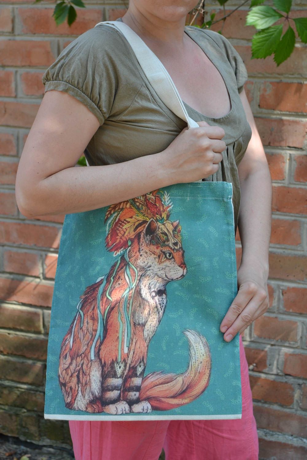 Beautiful stylish handmade fabric eco bag with long handles and bright print photo 1