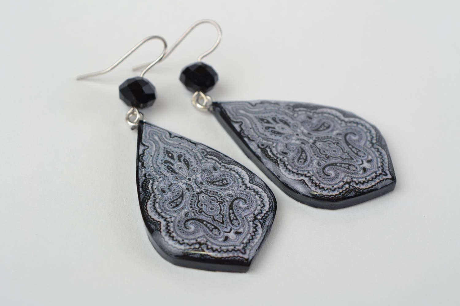 Beautiful black handmade polymer clay drop earrings with decoupage photo 5