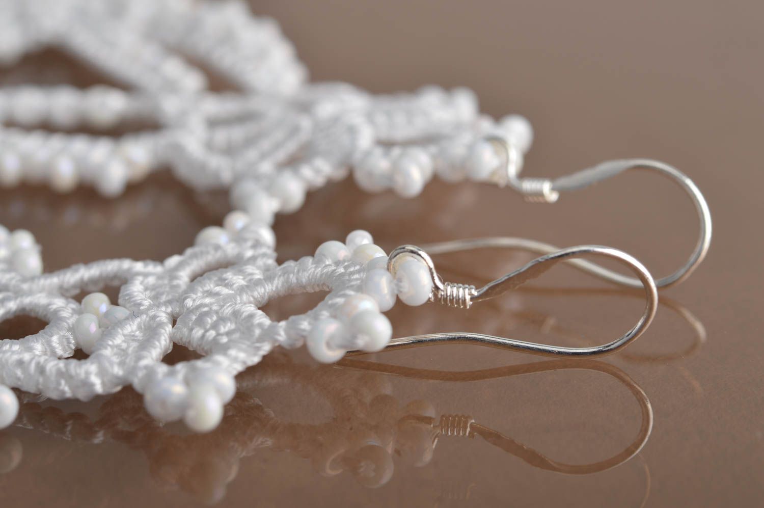 Large white handmade designer tatting lace earrings with beads for women photo 5