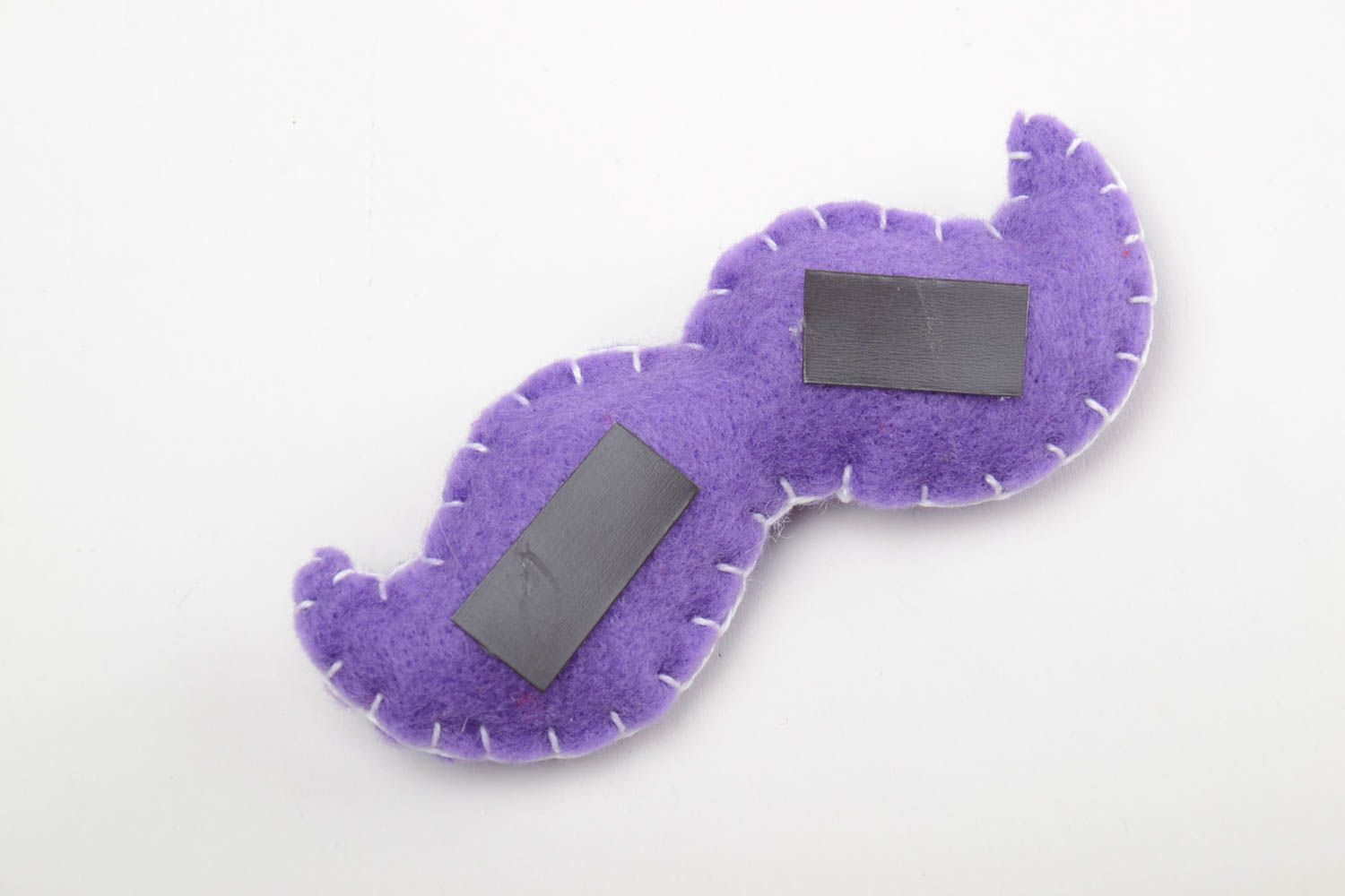 Handmade funny small soft toy fridge magnet sewn of felt violet mustache photo 3