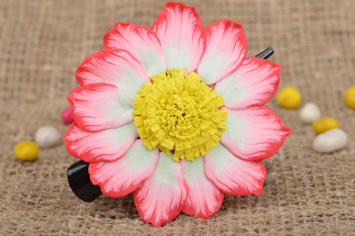 Handmade designer summer hair clip with bright flower molded of polymer clay photo 1