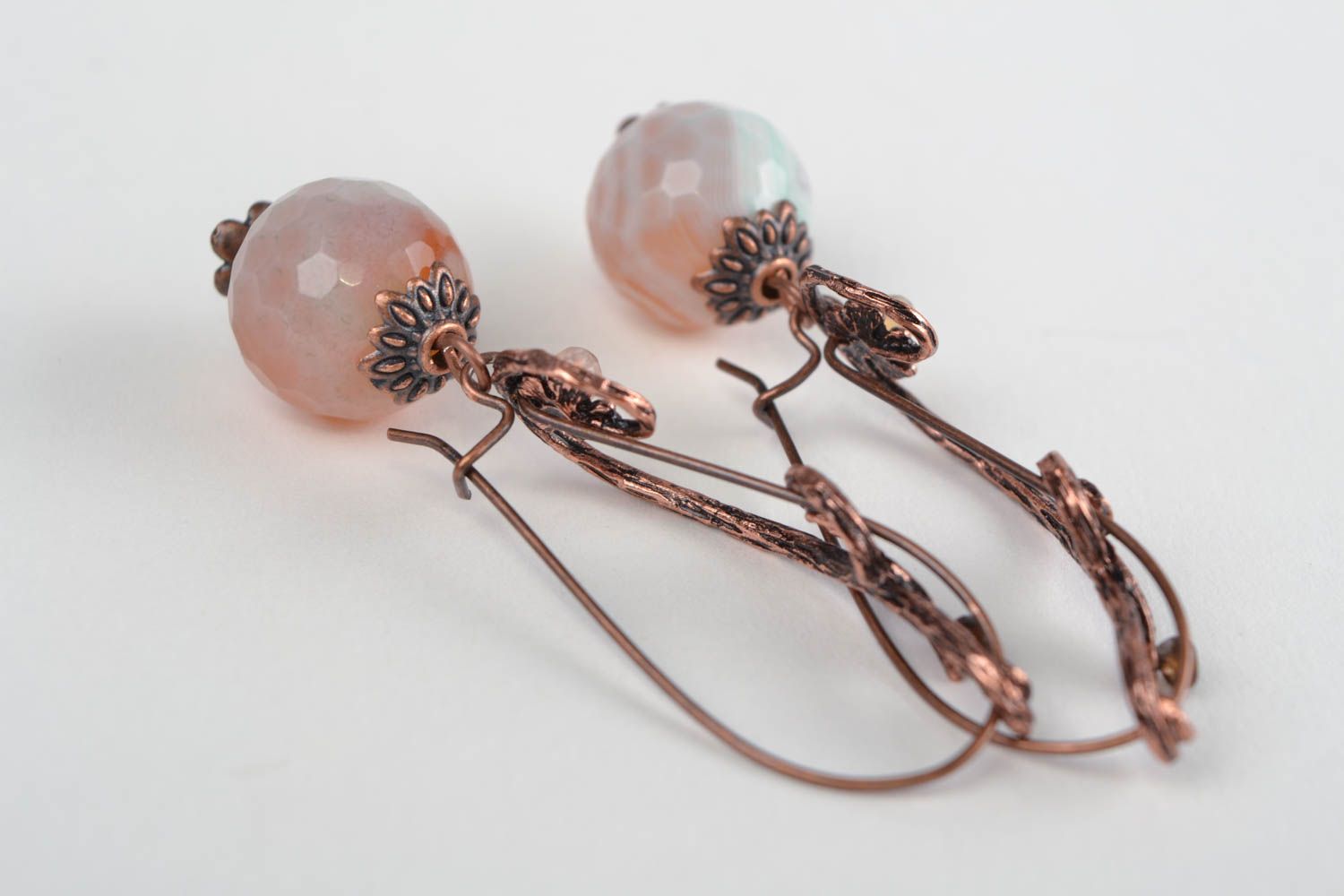 Handmade long dangling earrings with brown agate stone and fancy metal fittings photo 4