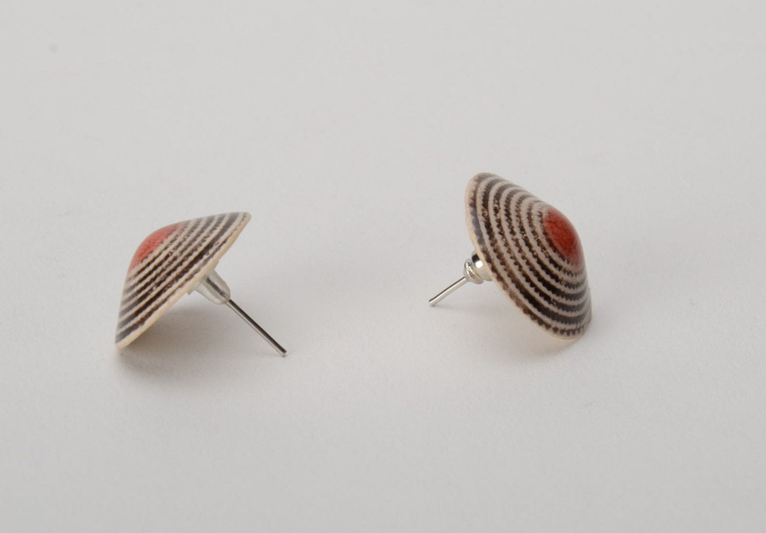 Women's striped stud earrings hand made of white clay and painted with colored enamels photo 4