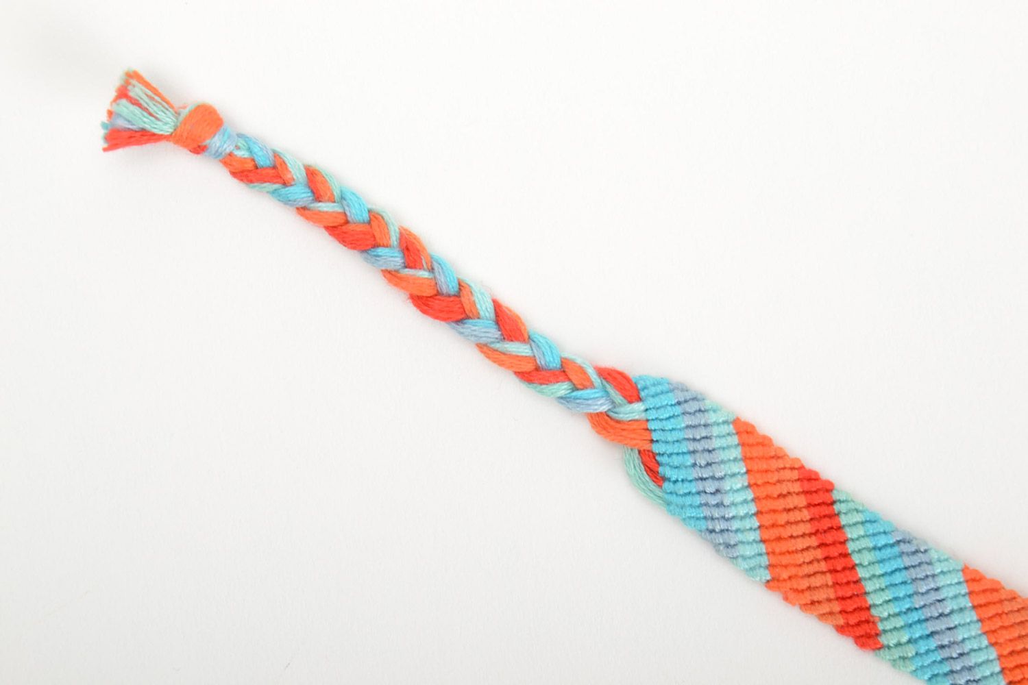 Handmade striped friendship bracelet woven of orange and blue embroidery floss photo 4