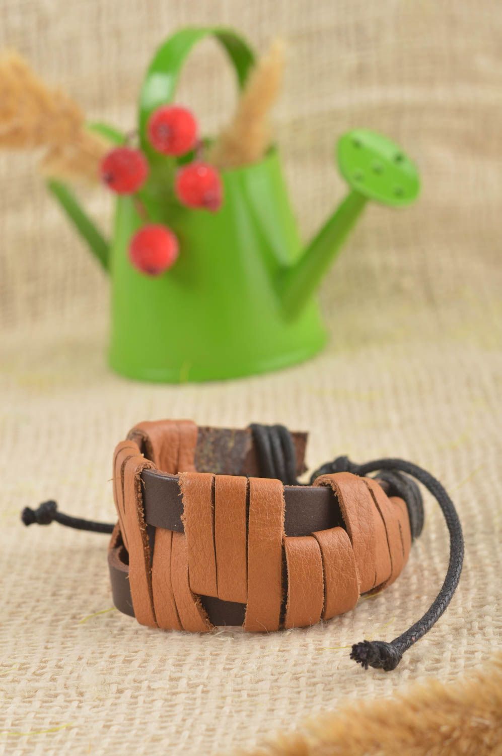 Handmade designer leather bracelet unusual wrist bracelet leather goods photo 1