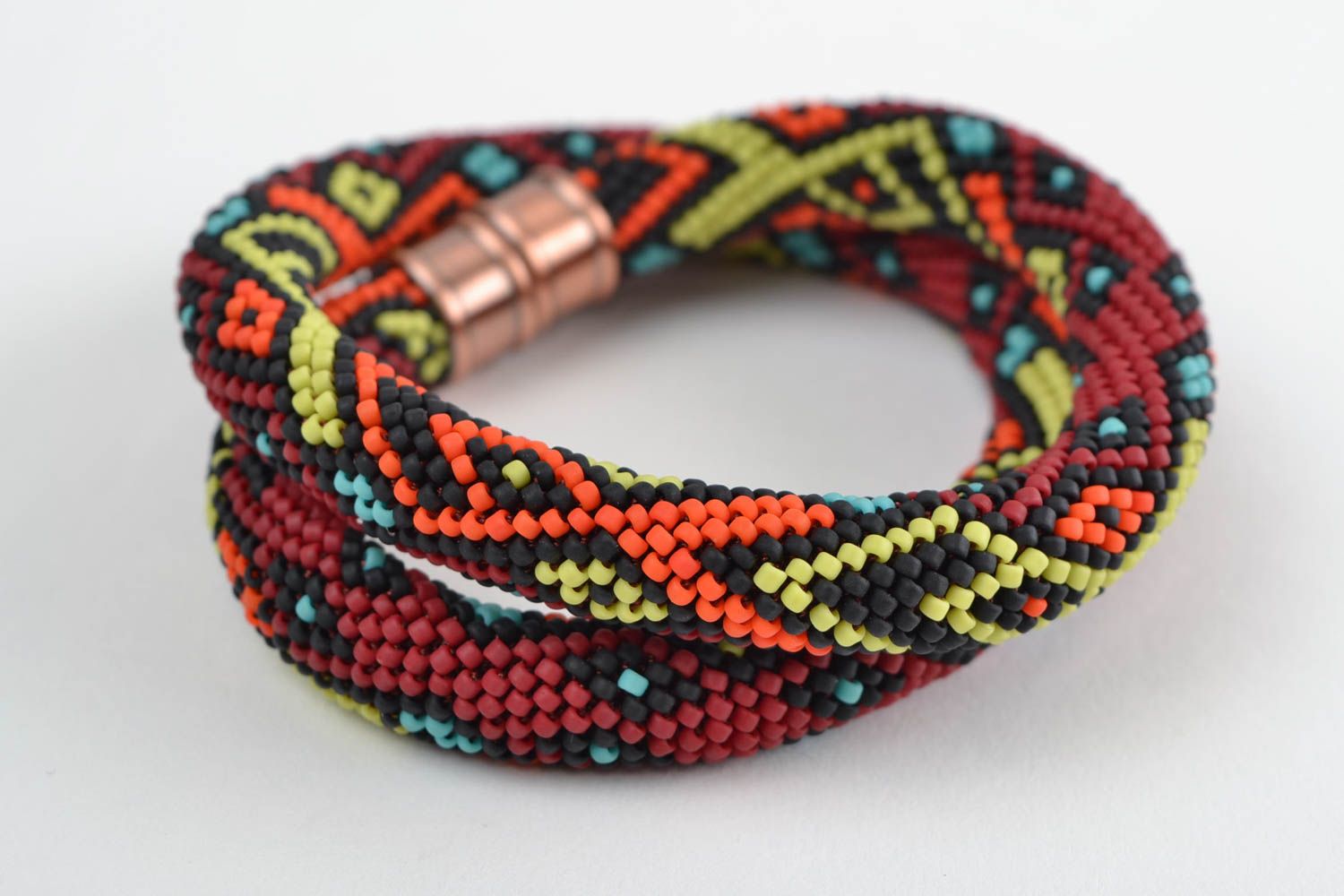 Bright handmade short beaded cord necklace woven of Czech beads beautiful photo 2