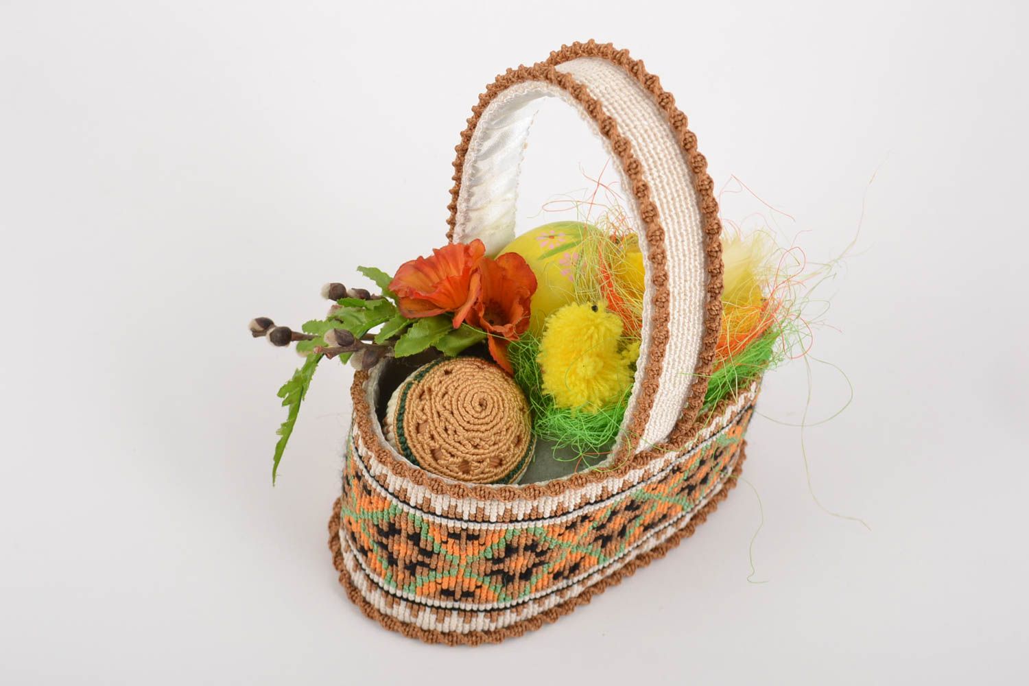 Handmade small decorative macrame woven Easter basket with egg and chickens photo 5