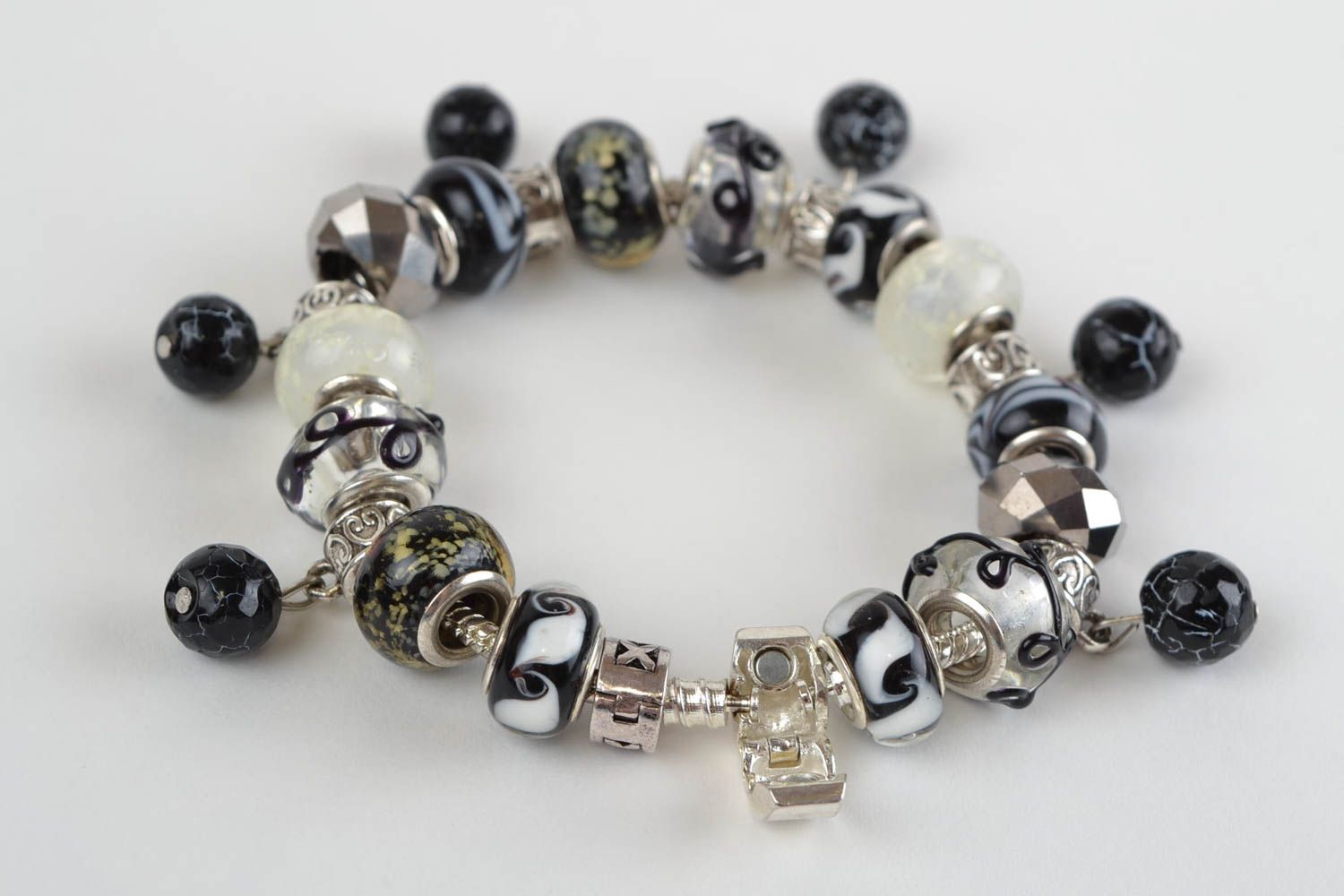 Handmade black and white glass and agate beads wrist bracelet designer women's  photo 4
