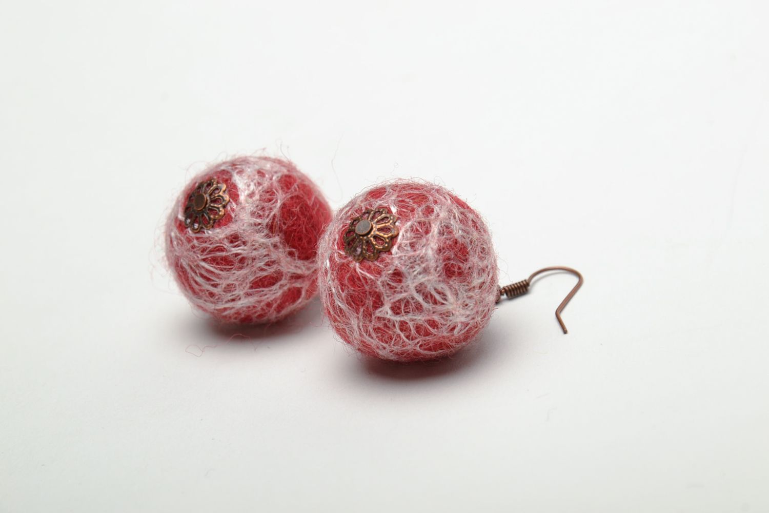 Felted wool ball earrings Spiderweb photo 4