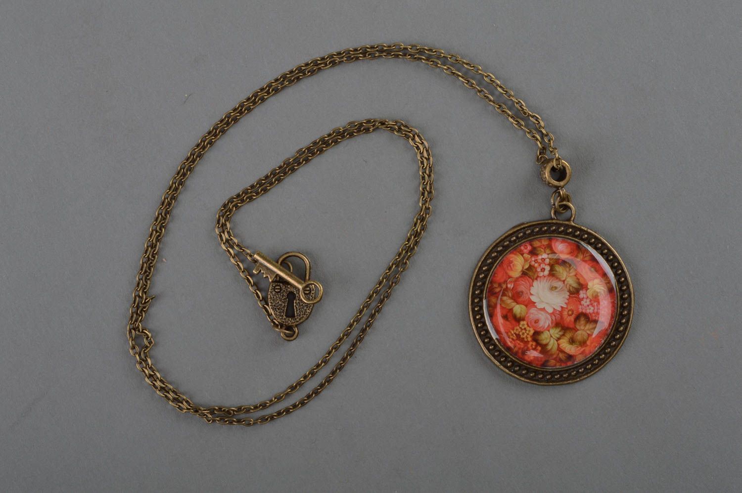 Handmade round decoupage pendant necklace with floral image in jewelry resin photo 1