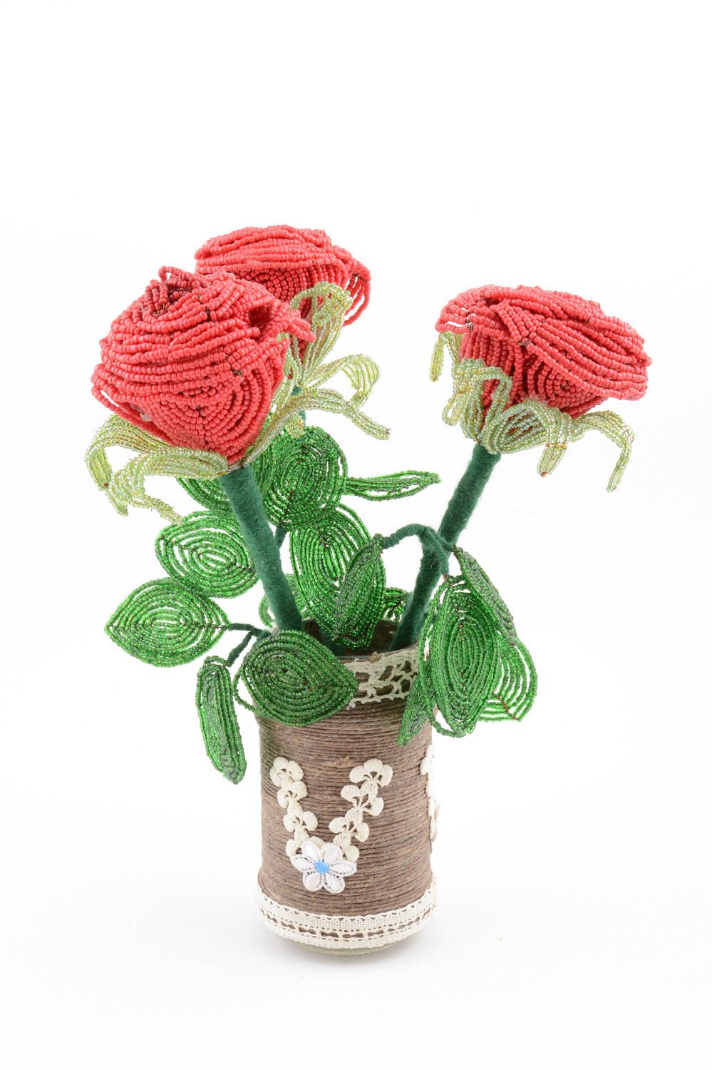 Стеклянная ваза с цветами из бисера ручной работы авторская красивая Букет роз фото 4