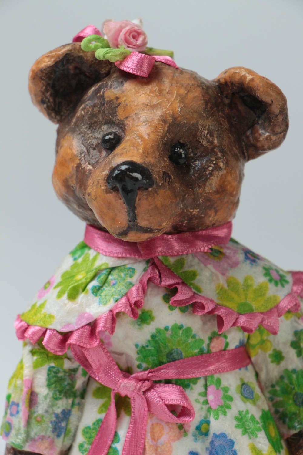 Handmade small painted paper mache figurine of bear girl in floral dress photo 3