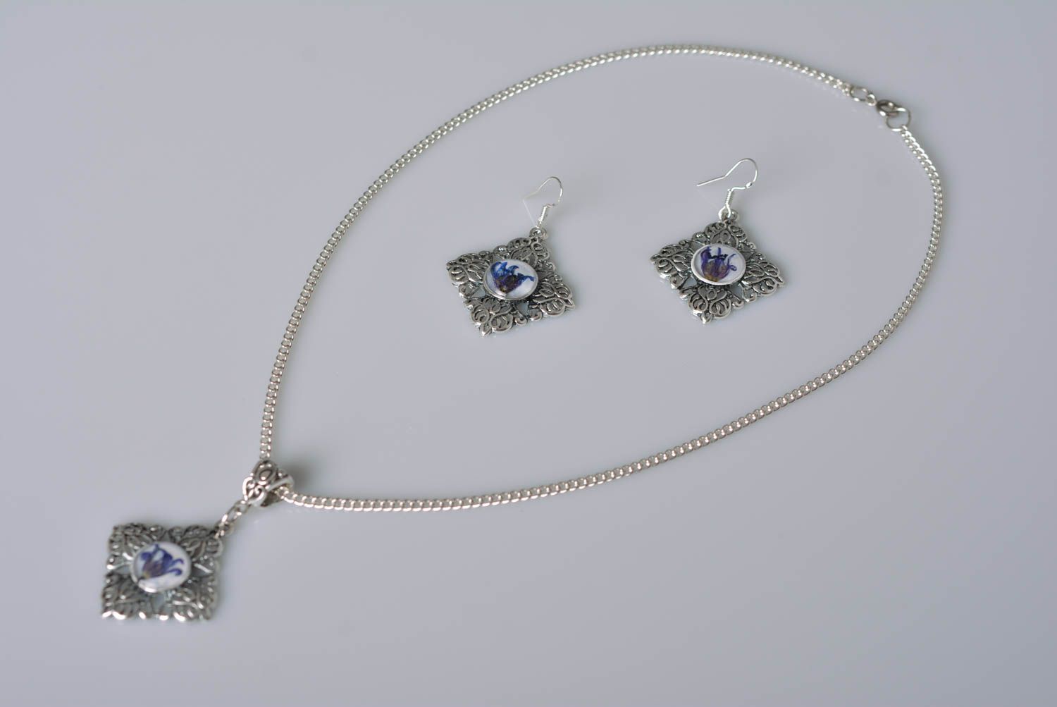 Handmade jewelry set flower earrings pendant necklace botanical jewelry photo 2