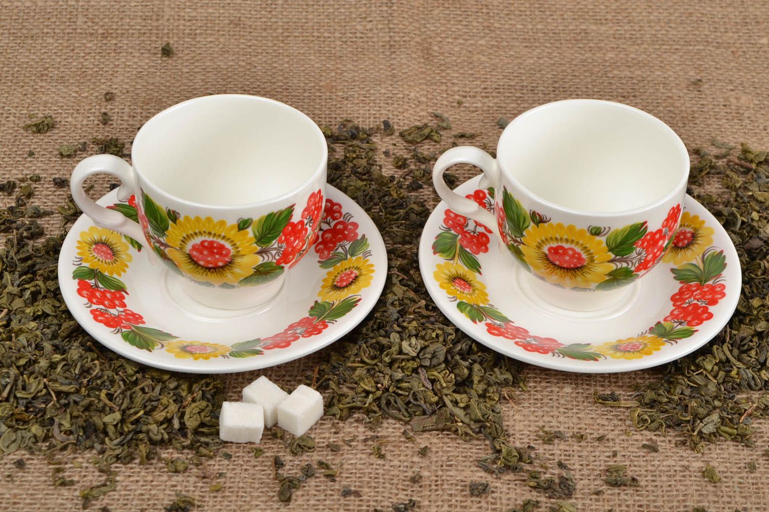 Set of 2 porcelain white drinking cups for tea with handle and Russian style flower pattern photo 1