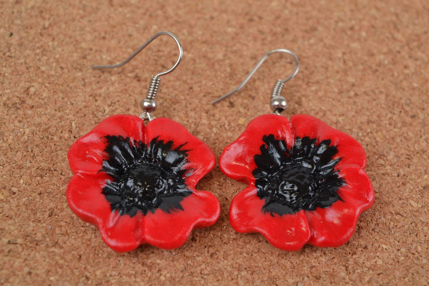 Beautiful handmade designer polymer clay flower earrings Red Poppies photo 1