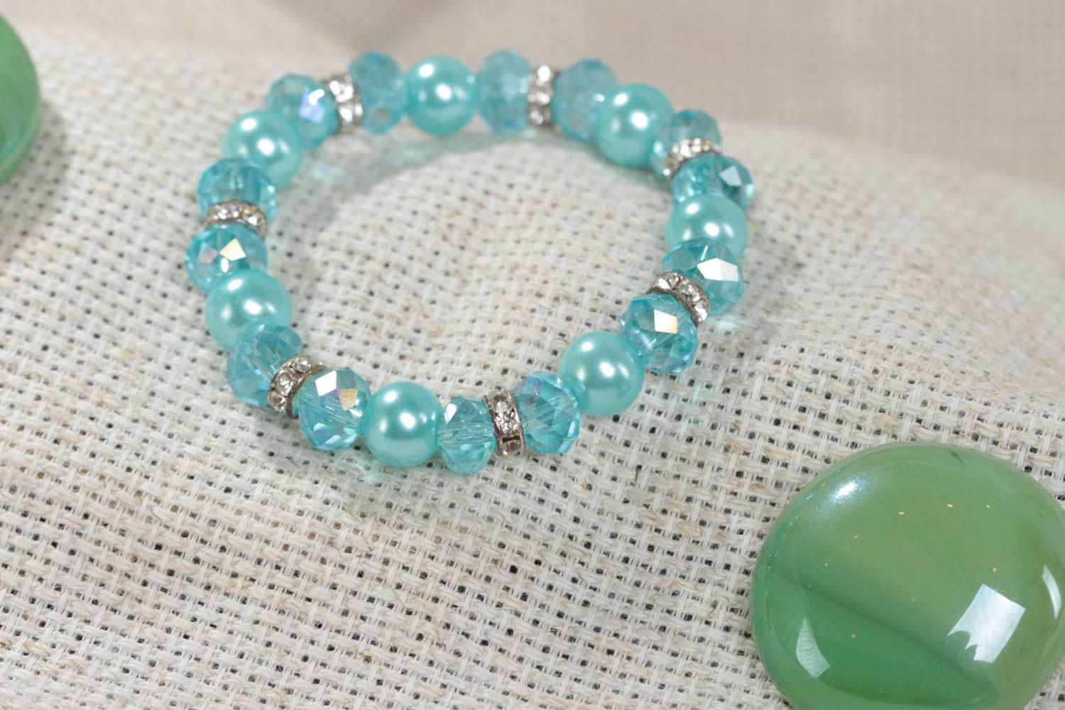Blue children's handmade wrist bracelet with crystal and ceramic beads stretchy photo 1