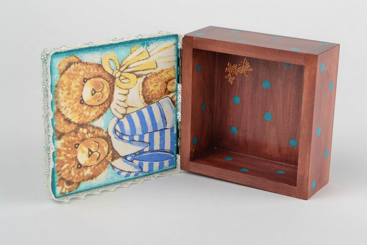 Handmade Holz Nähkästchen in Decoupage mit Deckel quadratisch klein Bären foto 4